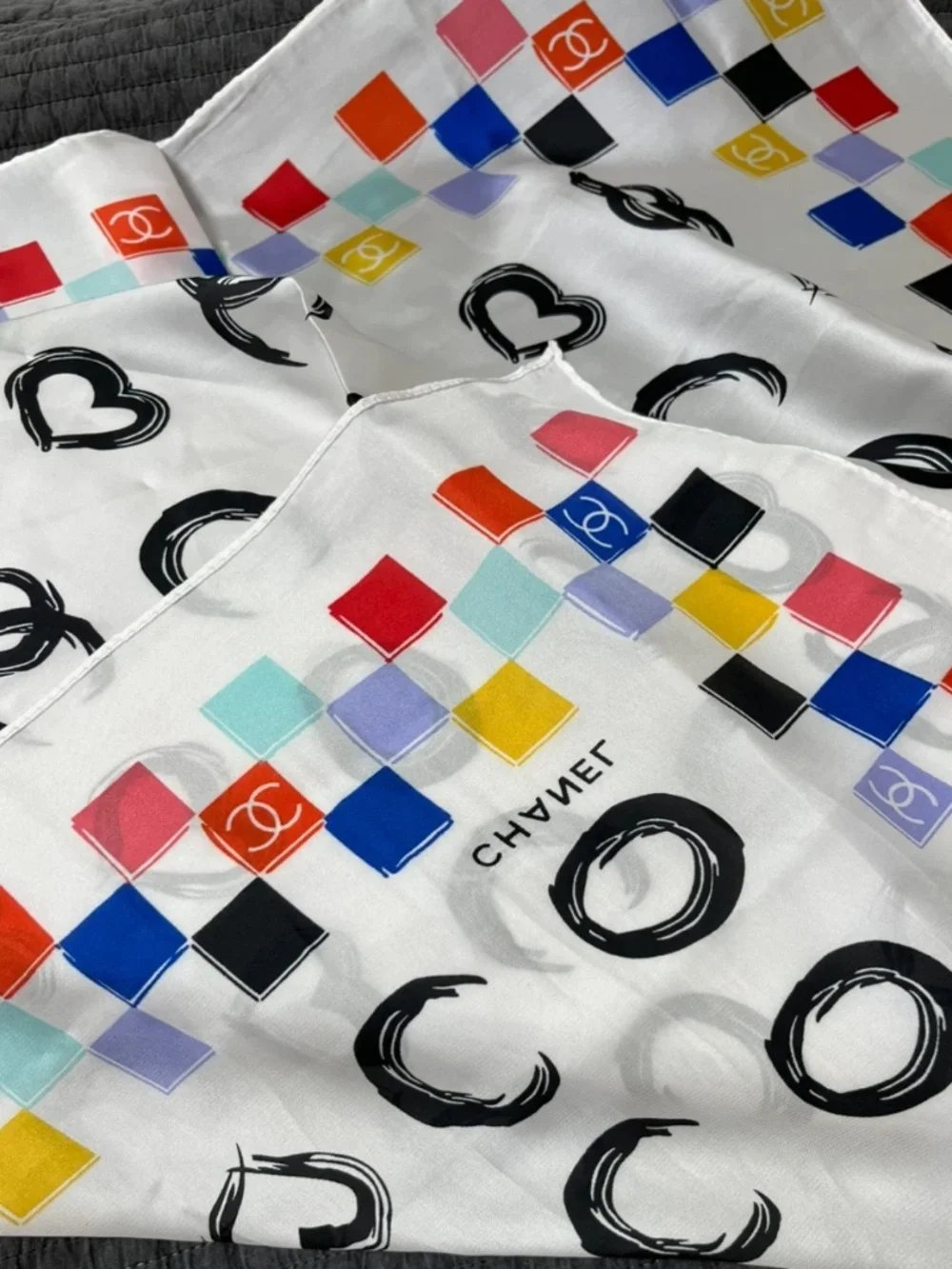 Square Silk Scarf Multicolor COCO Hearts White Signed Luxury Designer Inspired